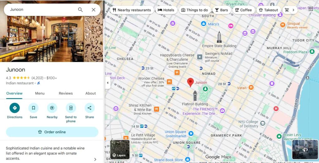 Junoon Restaurant New York USA - Google Map