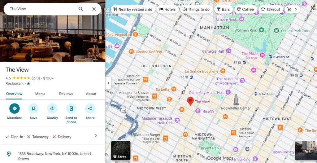 The View Restaurant NYC google Map