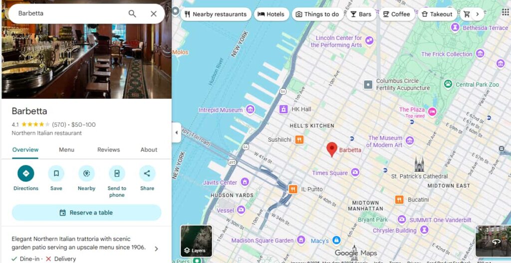 Barbetta Restaurant New York USA - Google Map