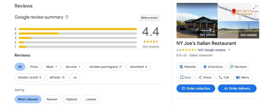 New York Joe’s Italian Restaurant -Google Reviews
