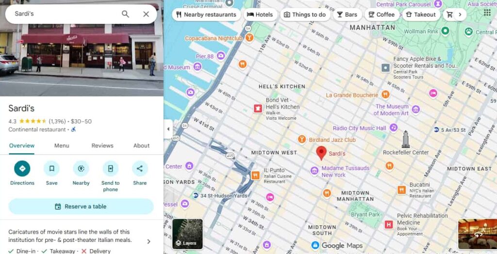 Sardi’s Restaurant New York USA -  Google Map