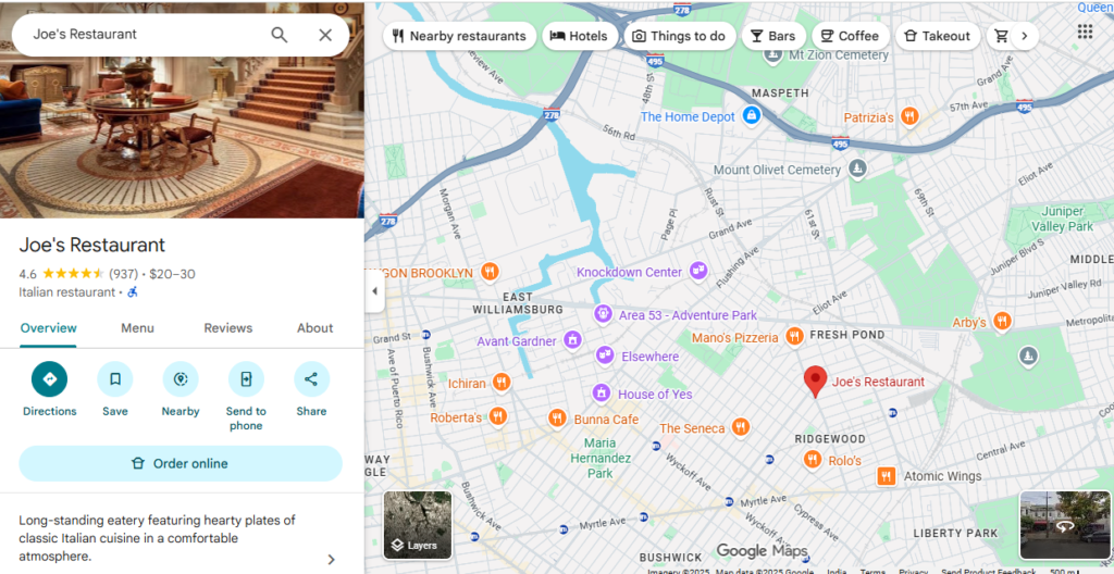 Joe’s Restaurant NYC Google Map
