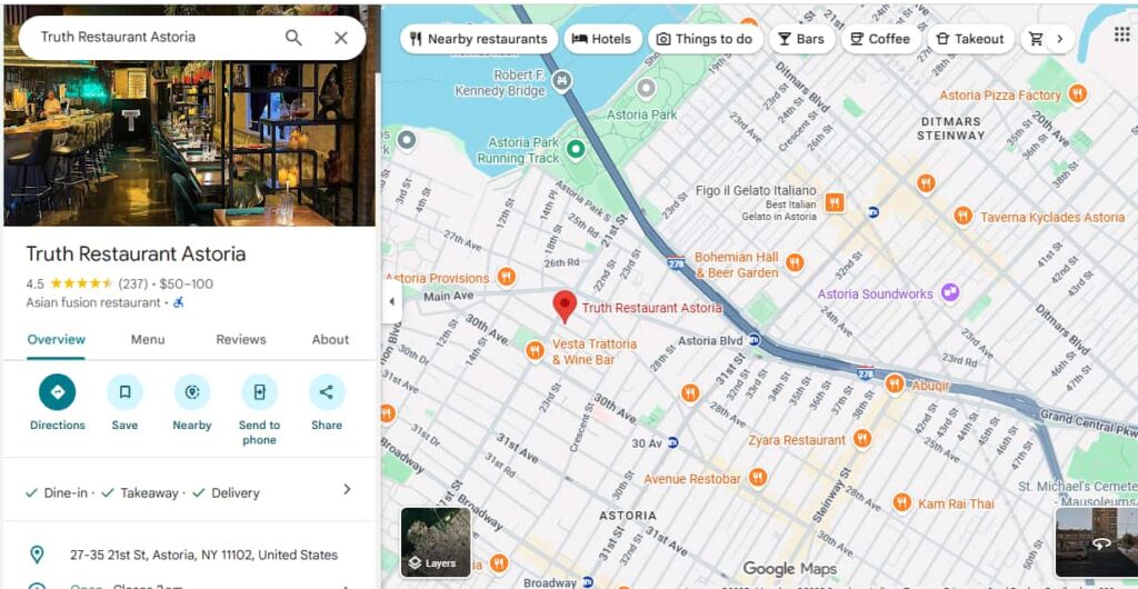 Truth Restaurant Astoria Queens New York - Google Map