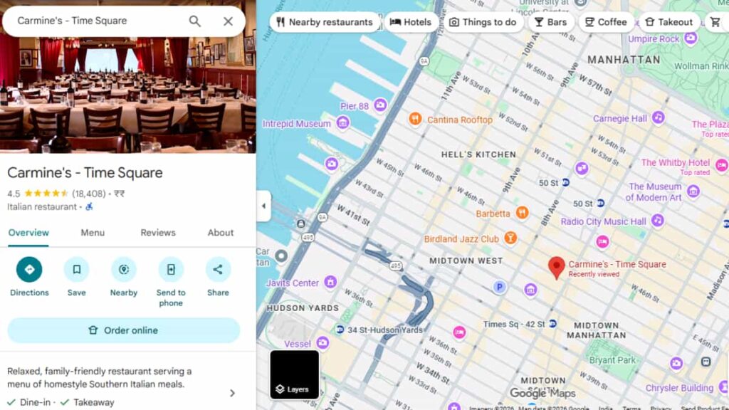 carmines italian restaurant times square new york ny google map